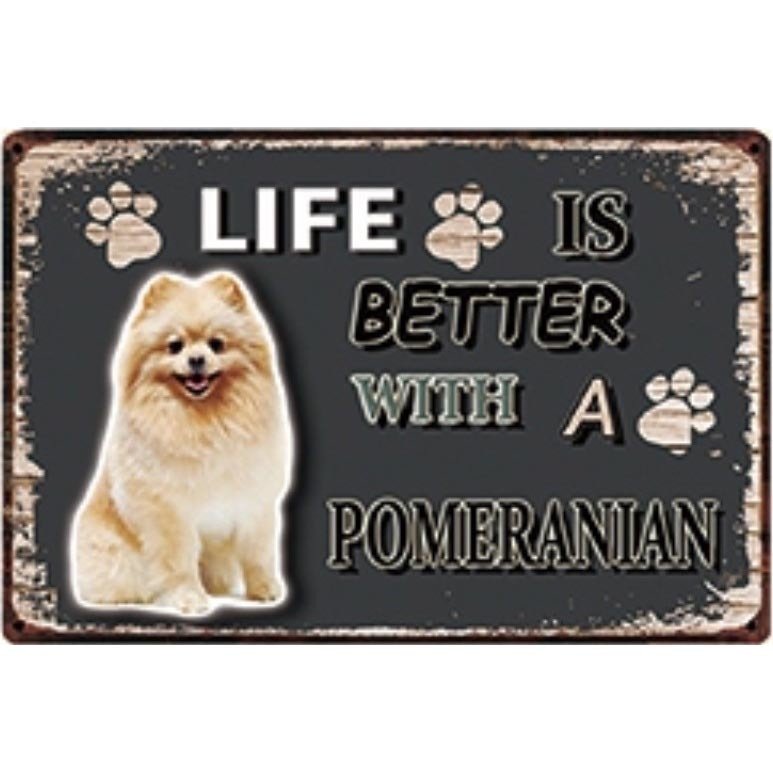A3149 メタル サイン ブリキ 看板 金属 製 プレート パネル 注意 警告 動物 ペット 犬 番犬 LIFE IS ポメラニアン 【3701拍卖