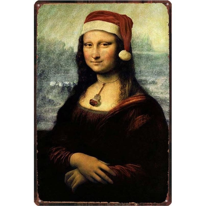 A3464 メタル サイン 金属 ブリキ 看板 プレート 絵画 名画 ダヴィンチ モナリザ パロディ パーティ 景品 クリスマス【8105拍卖