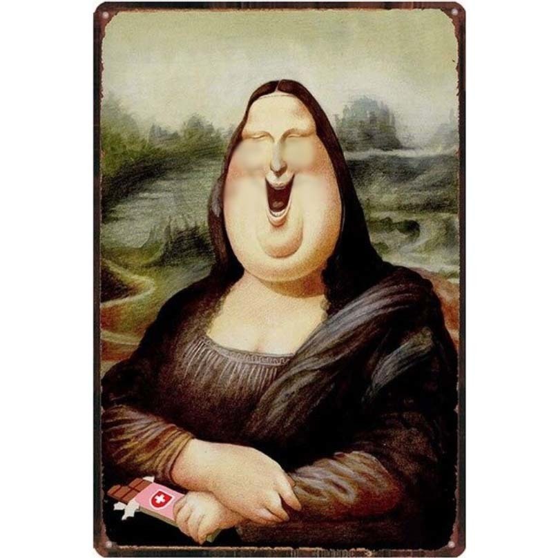 A3476 メタル サイン ブリキ 看板 金属 製 プレート 店 絵画 名画 ダヴィンチ モナリザ パロディ おもしろ ジョーク【5629】拍卖