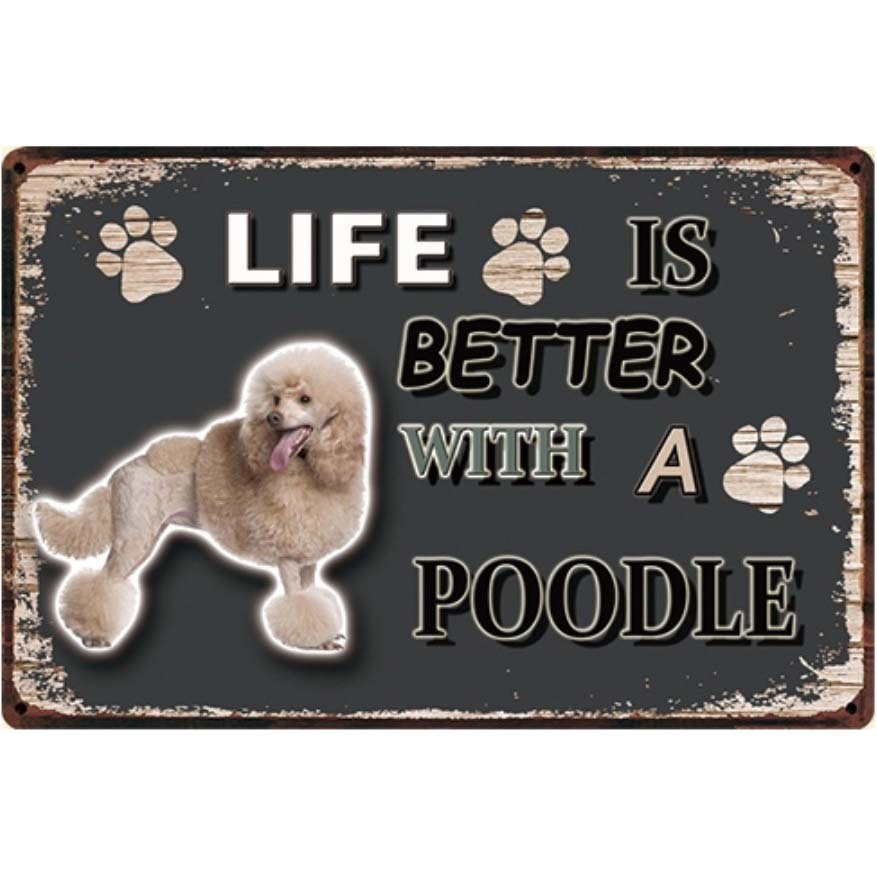 A3157 メタル サイン ブリキ 看板 金属 製 プレート パネル 店 注意 警告 動物 ペット 犬 番犬 LIFE IS プードル【3733】拍卖