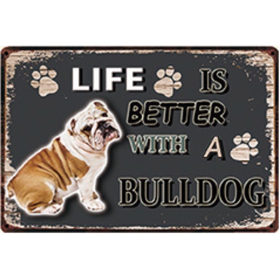 A3133 メタル サイン ブリキ 看板 金属 製 プレート パネル 店 注意 警告 動物 ペット 犬 番犬 LIFE IS ブルドッグ 【3373拍卖