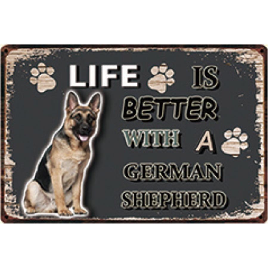 A3138 メタル サイン ブリキ 看板 金属 製 プレート パネル 店 注意 警告 動物 ペット 犬 番犬 LIFE IS シェパード 【3377拍卖