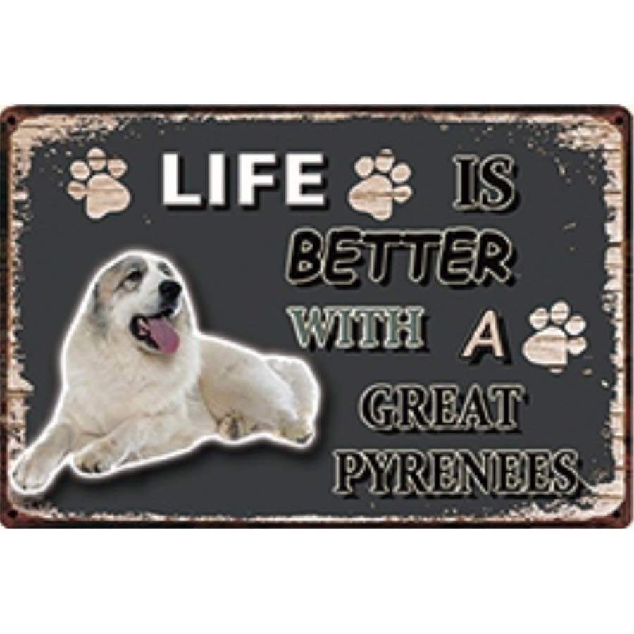 A3159 メタル サイン ブリキ 看板 金属 プレート パネル 動物 ペット 犬 番犬 LIFE IS ピレネー グレート ピレニーズ【3727拍卖