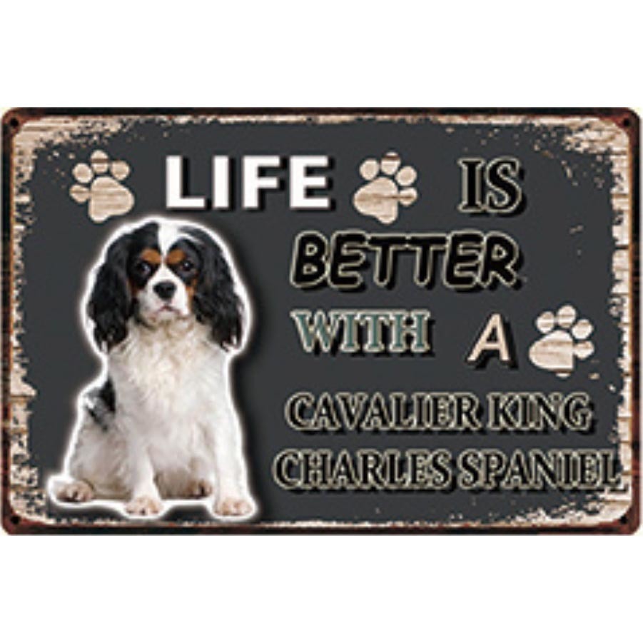 A3142 メタル サイン ブリキ 看板 金属 製 プレート パネル 店 注意 警告 動物 ペット 犬 番犬 LIFE IS キャバリア 【3382拍卖