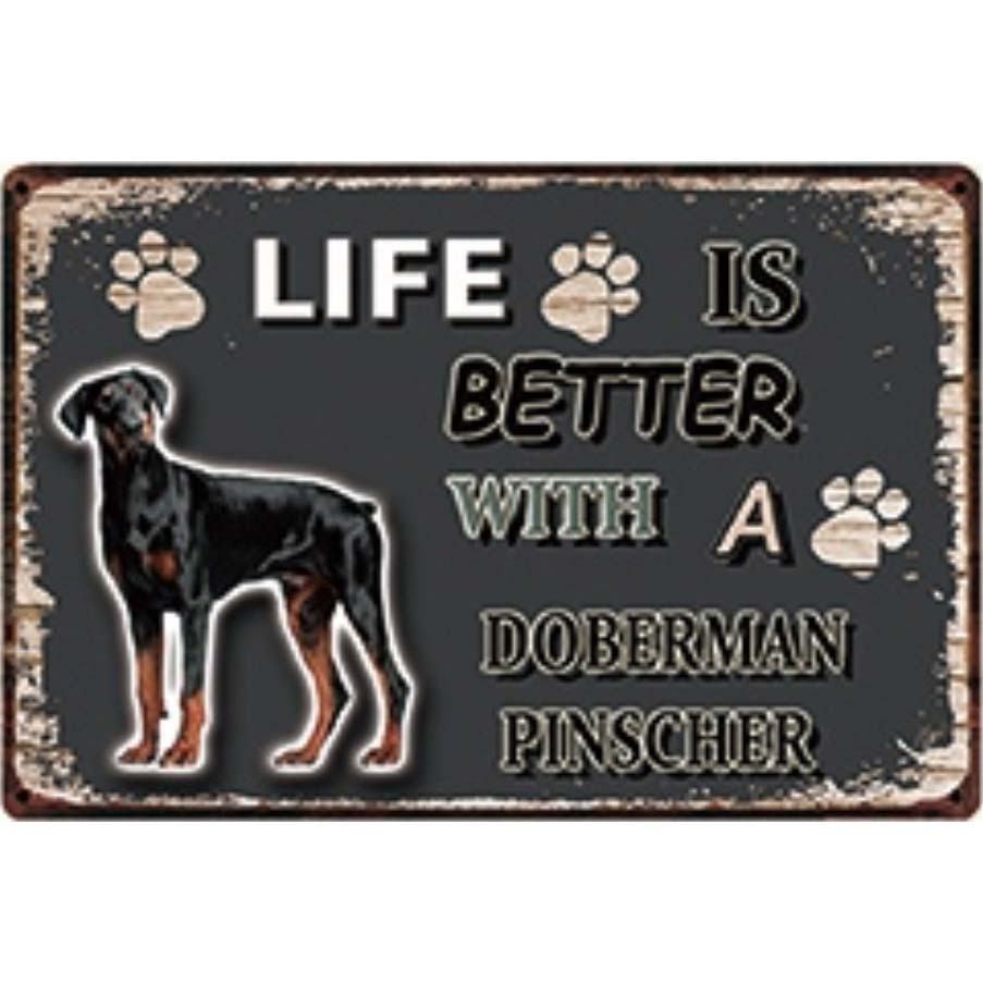 A3176 メタル サイン ブリキ 看板 金属 製 プレート 注意 警告 動物 ペット 犬 番犬 LIFE IS ドーベルマン ピンシャー【3973拍卖