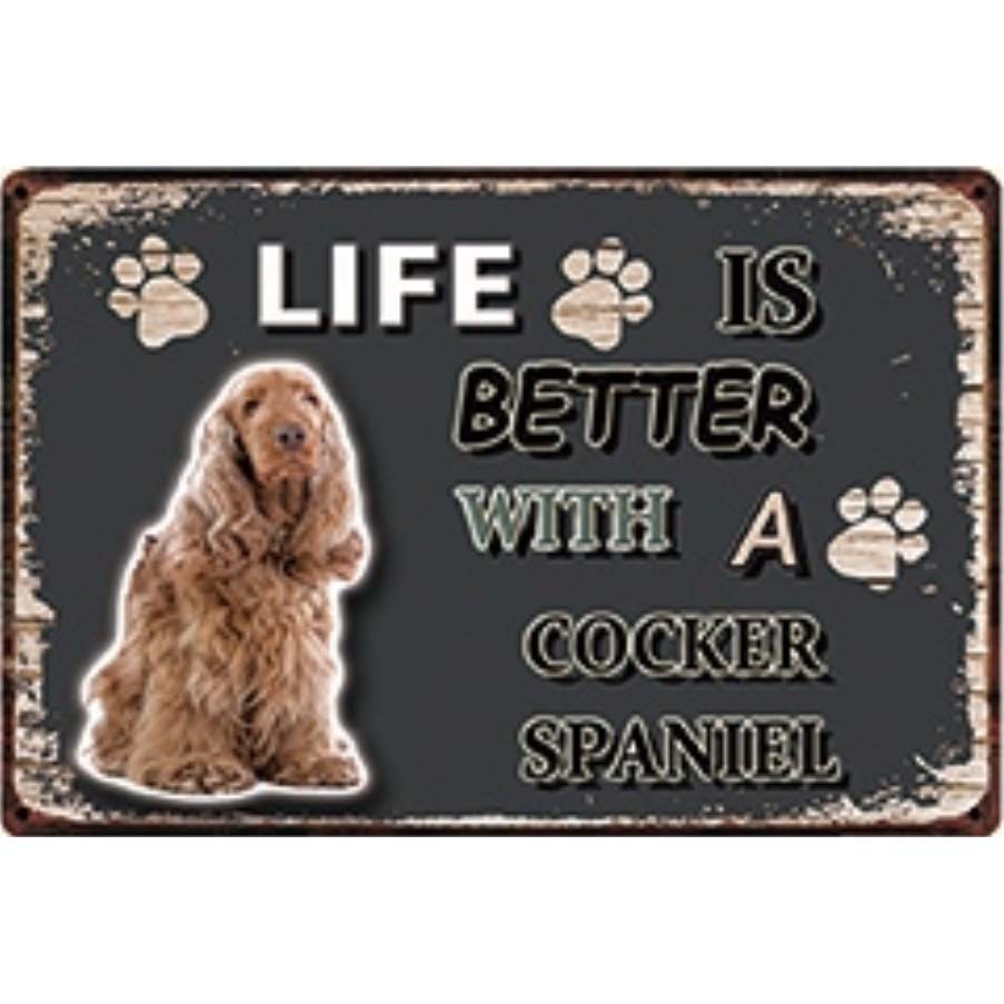 A3179 メタル サイン ブリキ 看板 金属 プレート パネル 注意 警告 動物 ペット 犬 番犬 LIFE コッカー スパニエル【3970】拍卖