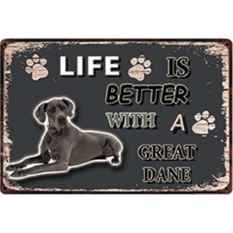 A3156 メタル サイン ブリキ 看板 金属 製 プレート パネル 注意 警告 動物 ペット 犬 番犬 LIFE IS グレートデーン【3955拍卖