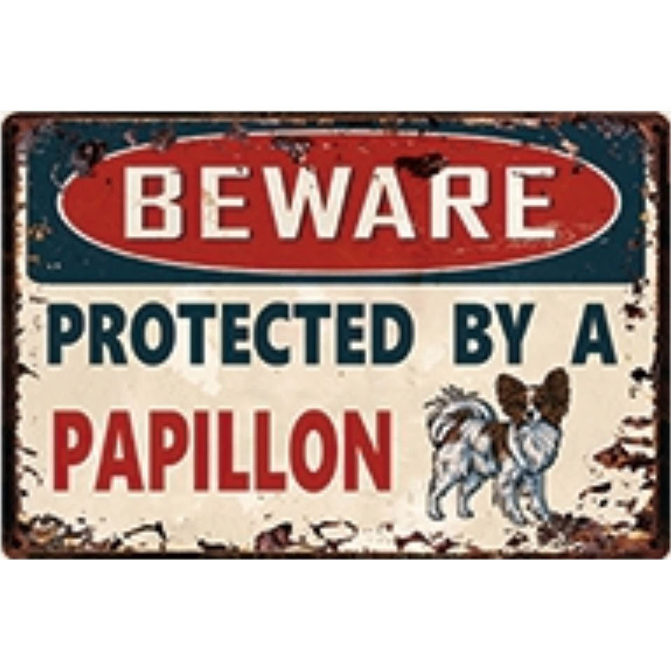 A2805 メタル サイン ブリキ 看板 金属 製 プレート パネル 店 注意 警告 危険 防犯 動物 ペット 犬 猛犬 パピヨン 4690拍卖