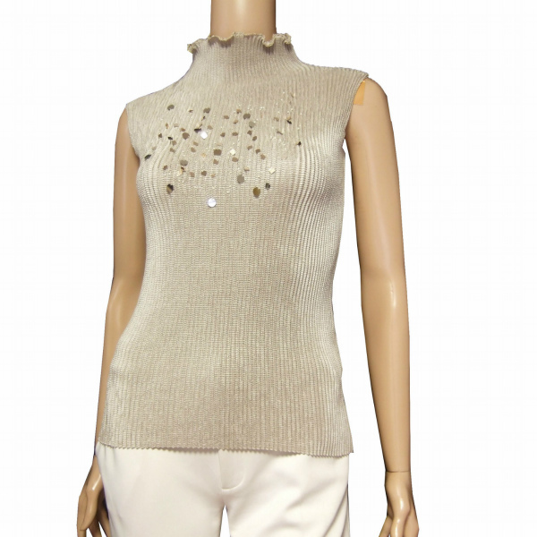 美品/スペッチオ SPECCHIO プリーツ素材カットソー 表記40号(L相当) グレーベージュ スパンコール ノースリーブ 春夏 トップス レディース拍卖