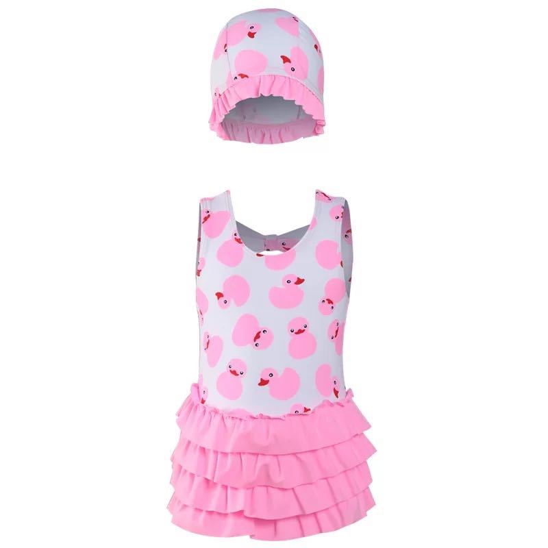 子供水着 女の子ワンピース 水着 アヒル柄 フリル フリル スイムウェア 韓国 水着 可愛い 速乾 紫外線カット キッズ用 140cm拍卖
