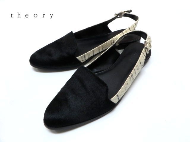 theory (セオリー) レディース ハラコ レザーサンダル / 01-4160303-051 ブラックXアイボリー拍卖