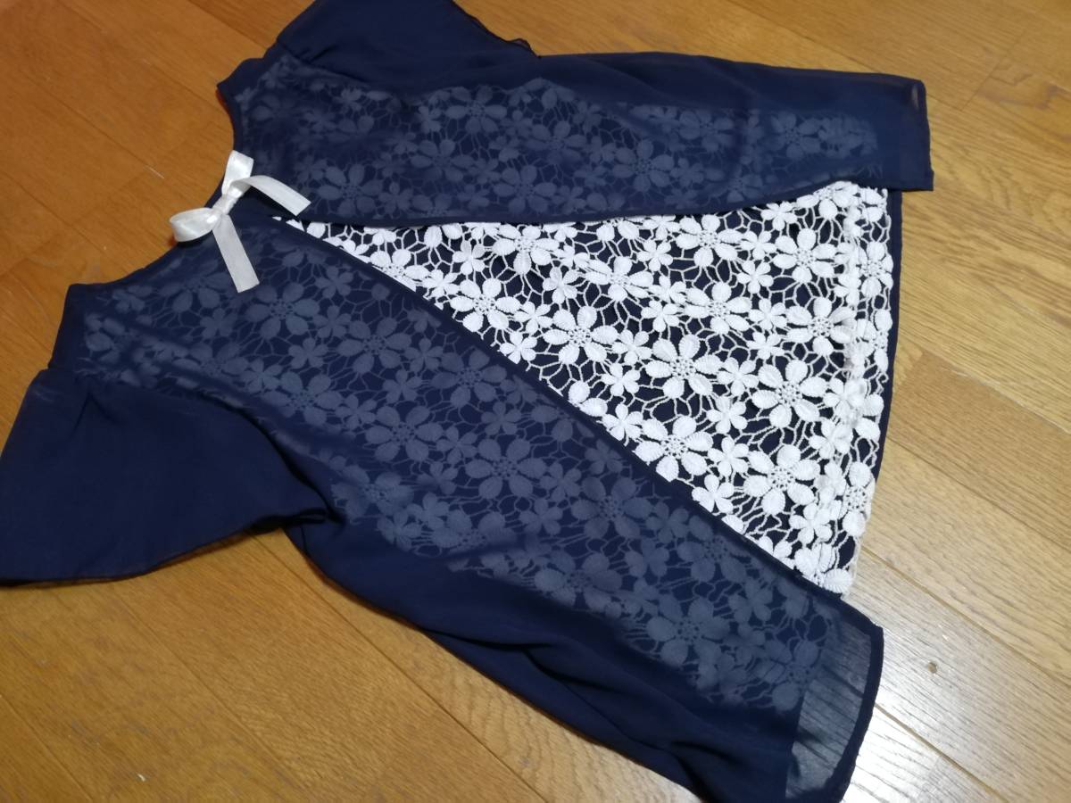 パウダーシュガー 美品 ネイビー バックレースが素敵なカットソー ブラウス サイズM拍卖