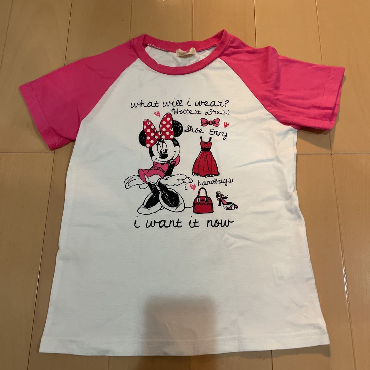 送料無料 Hushush ハシュアシュ ミニーちゃんプリントTシャツ 130cm 白ピンク ラグランスリー送料込み拍卖