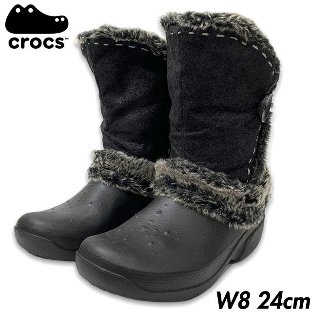 国内正規品■CROCS (クロックス) レディース ファー仕様 ムートン ブーツ 黒ブラック W8 24㎝拍卖