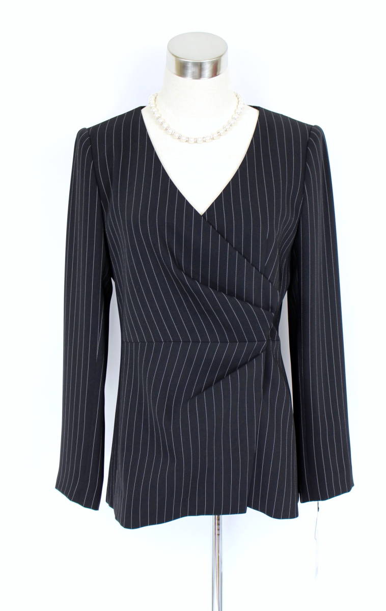 新品 53900円 40 ジョコンダ ロイヤル 11号 ストライプ 黒 日本製 ラピーヌ L カシュクール ジャケット レディース オフィス ブランド拍卖