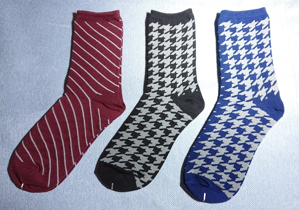クルーソックス 斜線ボーダー・千鳥格子柄 3足セット レッド・ブラック・ブルー 23~25cm拍卖