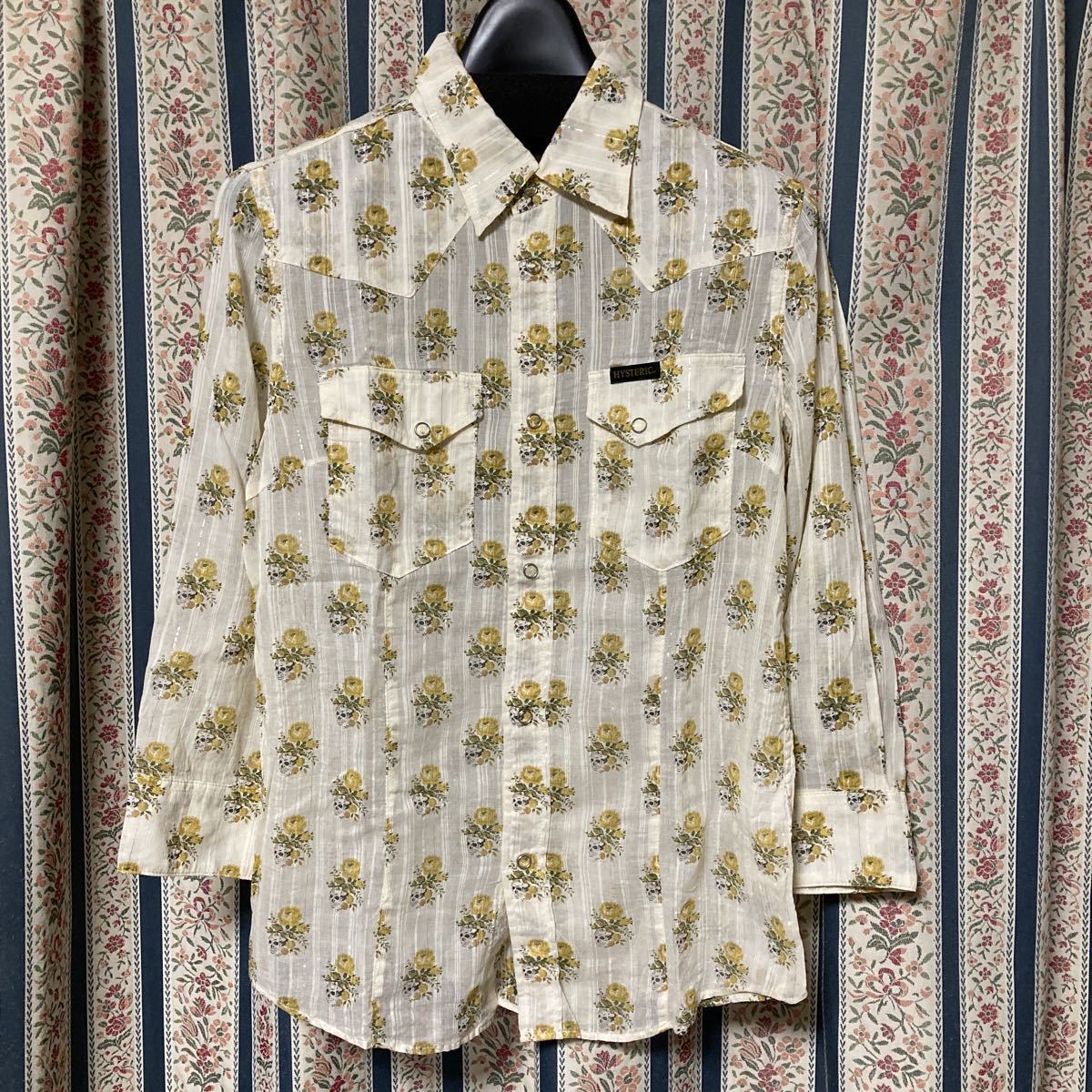 ヒステリックグラマー スカルフラワー柄7分袖ウエスタンシアーシャツ ラメストライプ 薄手ブラウス 羽織り 冷房避け拍卖