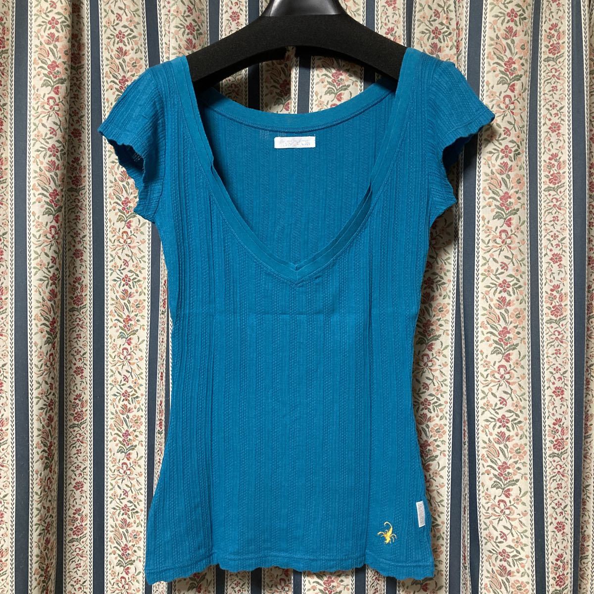 ヒステリックグラマー スコーピオン刺繍 透かし柄リブ半袖Tシャツ トップス カットソー Vネック拍卖