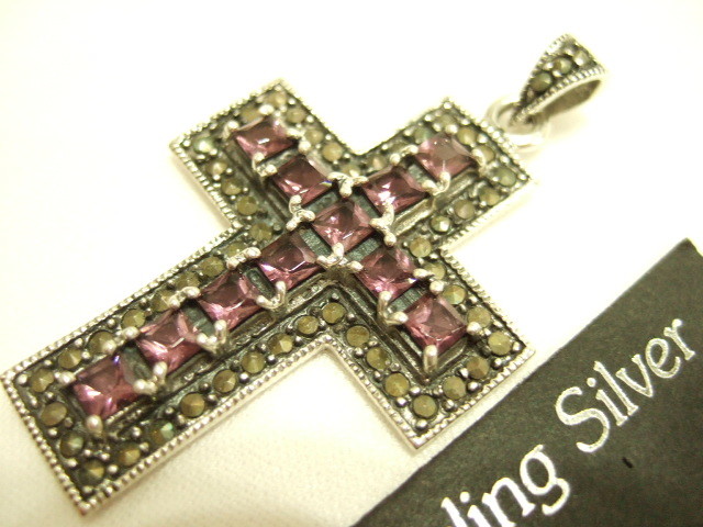 横浜最新 シルバーSILVER925銀ペンダント中世マーカサイト十字架♪魅惑のクロス アメジスト風 9.9g 送料220円ξgtξ ξ37s拍卖