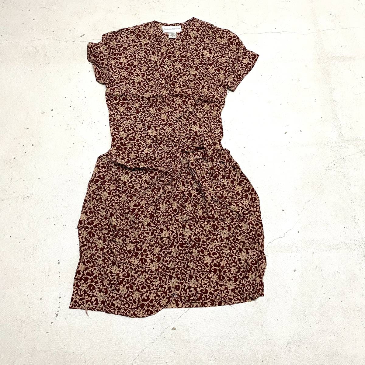 USA古着 90’s CASUAL CORNER 総柄 レーヨン ワンピース / 巻き スカート ラップ 花柄 オリエンタル 半袖 アメリカ ヴィンテージ VINTAGE拍卖