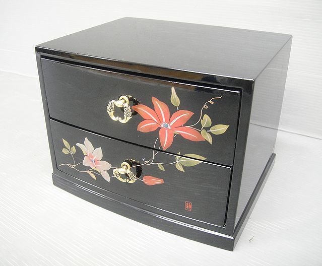 【NH647】会津塗 木製 2段 小引き出し SONE ORIGINAL BIMI 小物入れ 小箪笥 花模様 漆器 漆塗り 美拍卖