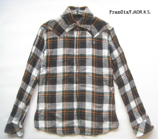 美品!!フランシストモークス FranCis.T.MOR.K.S.*ハートドクロスワロフスキー長袖チェック柄ダブルガーゼシャツ 2 実寸M 白×黒×緑×橙 拍卖