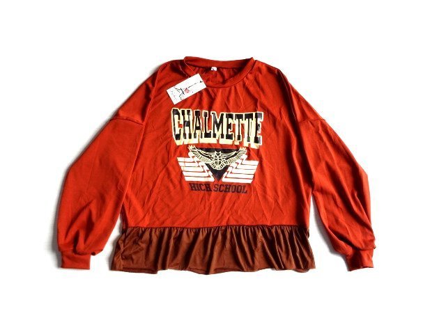 新品 煉瓦色 茶 ロゴ 裾フリル 長袖 Tシャツ カットソー ロンT トップス ゆったり カットオフ 中国製 テラコッタ拍卖