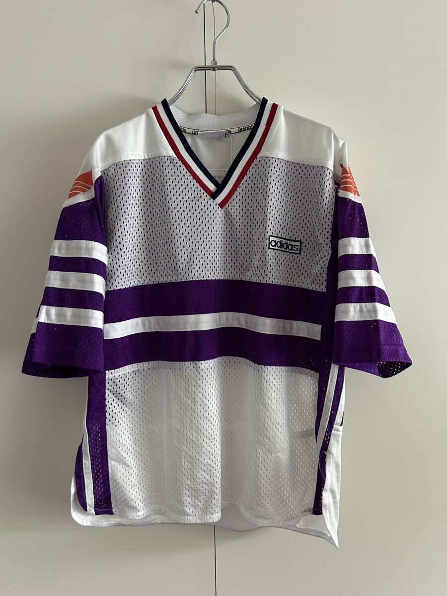 古着 adidas アディダス メッシュゲームシャツ M 実寸M相当 ホワイト パープル 90年代 バックプリント ストリート拍卖