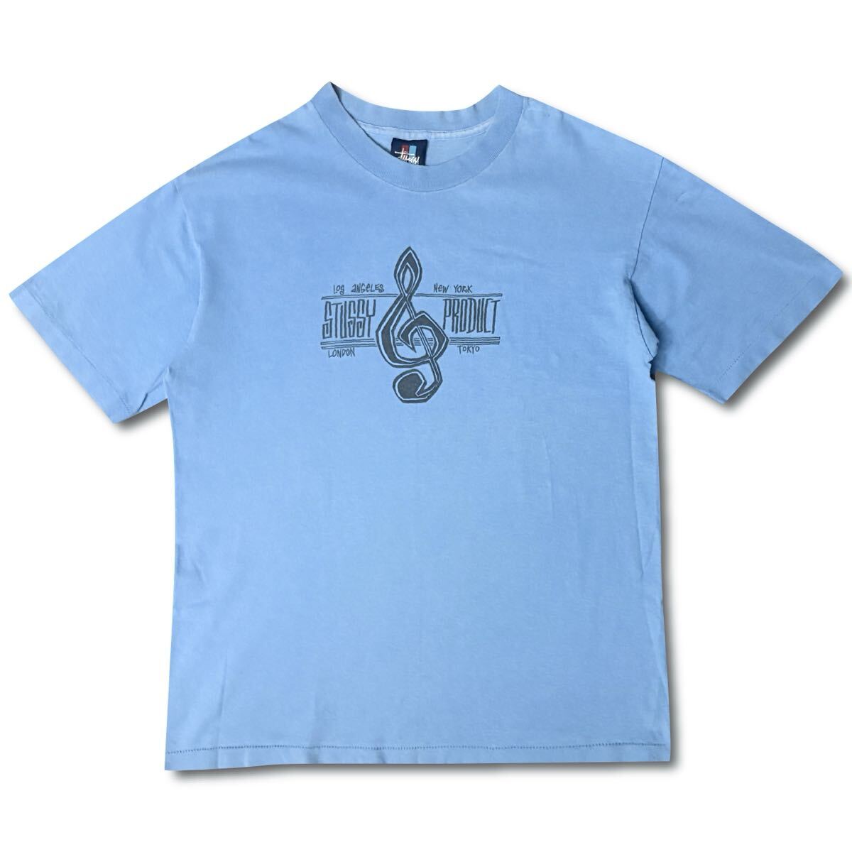 【90s】Stussy Note S/S T Shirts M Blue ステューシー 音符 半袖 Tシャツ ヴィンテージ シングルステッチ Made in USA トリコタグ 拍卖