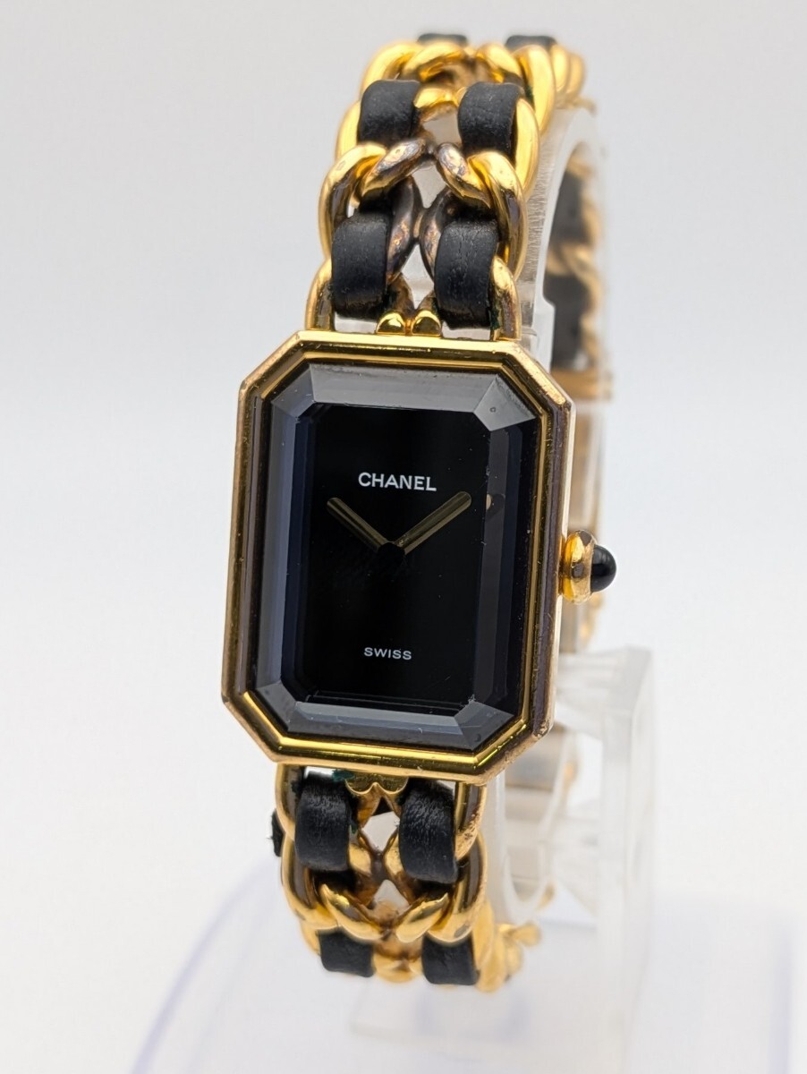 【SR830-1】CHANEL プルミエール レディース 腕時計 クォーツ QZ 黒文字盤 ブラック M サイズ ゴールド F.G.49652 レザー 稼働品拍卖