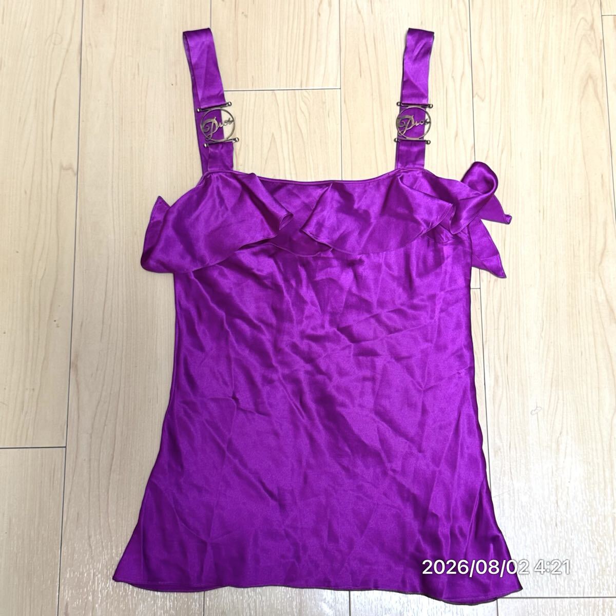 1000円〜 Dior クリスチャンディオール ガリアーノ期 筆記ロゴ金具 フリル SILK シルクブラウス キャミソール タンクトップ拍卖