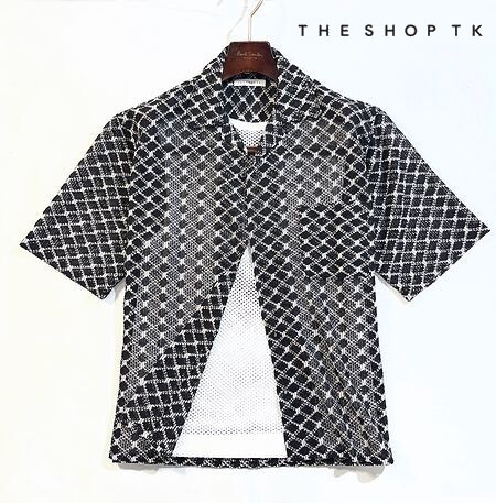 H土08209新品▼ 未使用 タケオキクチ オープンカラー 5分袖シャツ 【 XL 】 レース素材 シャツ 黒 THE SHOP TK 半袖シャツ拍卖