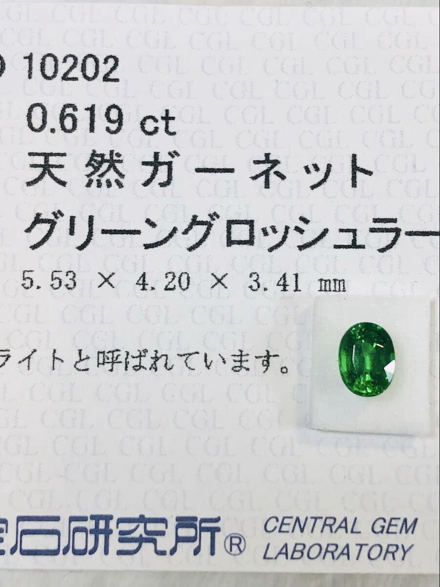 天然グリーングロッシュラーガーネット別名ツァボライト【中央宝石研究所ソーティング付】裸石0.619ct拍卖