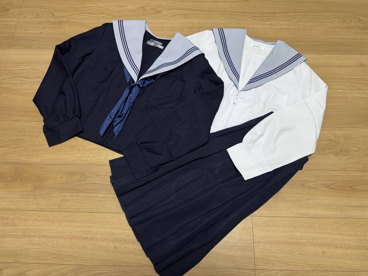 ★三重県 上野高校 制服・セーラー服セット 大きめサイズ (冬・中間セーラー服、スカート、スカーフ、襟カバー) グレー コスプレ 2拍卖