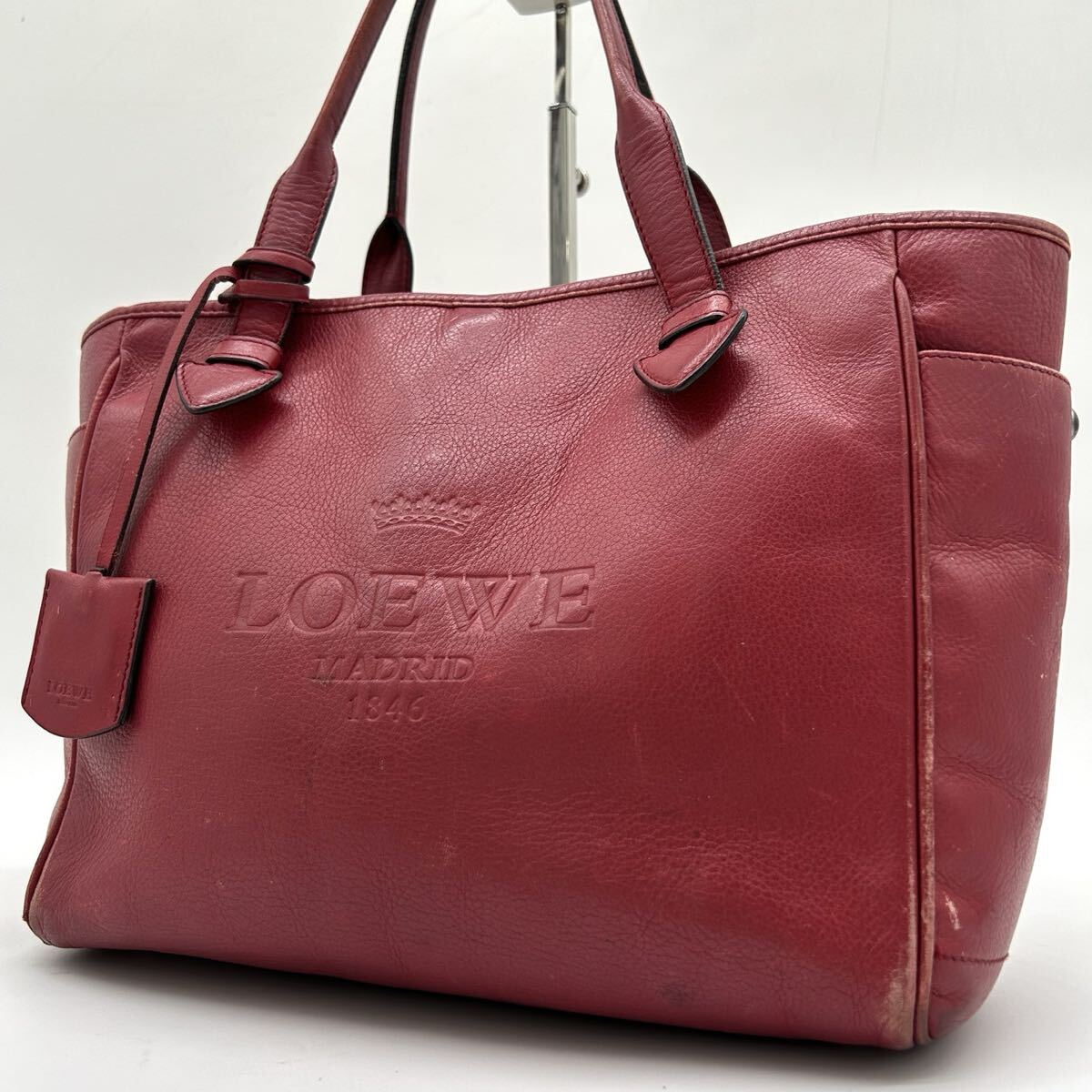 1円 ◆ LOEWE ロエベ ヘリテージ トートバッグ ハンドバッグ レザー 本革 ロゴ型押し A4 書類鞄 ワインレッド 赤茶色 メンズ レディース拍卖