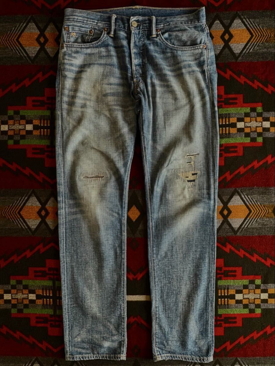 RRL REPAIRED LOW STRAIGHT JEANS 30/30 MADE IN USA 天然インディゴデニム サマーデニム ( ラルフローレン ビンテージ デニム拍卖