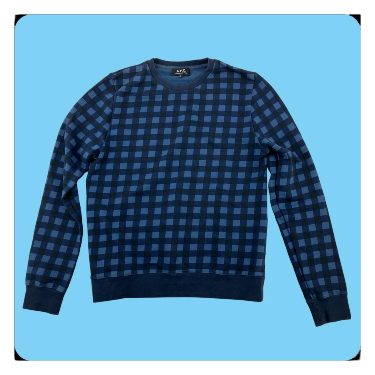 ◎ A.P.C. アーペーセー トルコ製 XS ブロックチェック 総柄 クルーネック スウェット トレーナー トップス ネイビーブルー系 ユニセックス拍卖