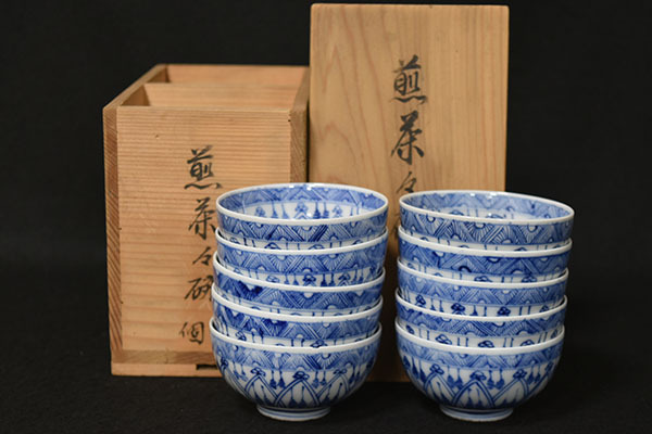 【光成】唐物「五良太甫呉祥瑞・青華・煎茶碗10客」当時箱・無傷拍卖