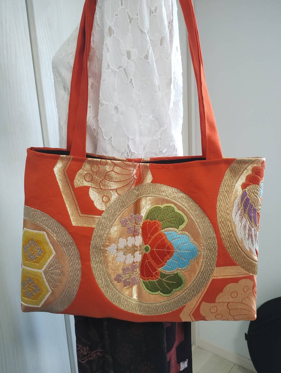 送料無料★着物帯リメイク★金糸銀糸の桐鳳凰刺繍 正絹トートバッグ3拍卖