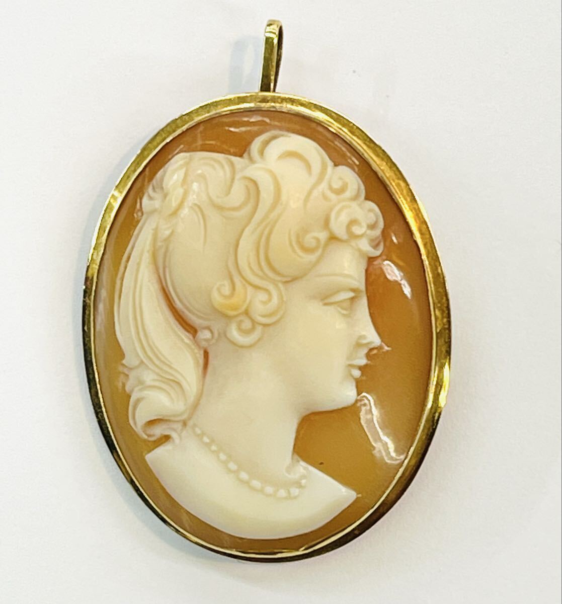 ◎ K18 750 シェルカメオ 2way ブローチ&ペンダントトップ 女性横顔 カメオ ヴィンテージアクセサリー約2.5×3cm 拍卖