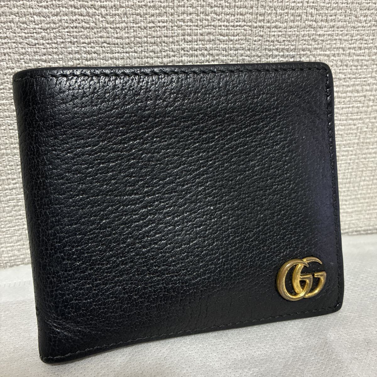 【美品】 GUCCI グッチ 二つ折り財布 コンパクトウォレット GGマーモント レザー ブラック シリアルあり拍卖