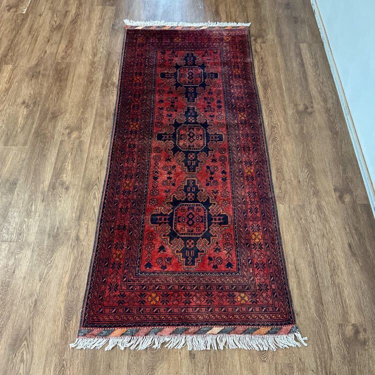 ★職人の手仕事★トルクメン200×82cm アフガニスタン産 絨毯 トライバルラグ ハンドメイド リビング 店舗 カーペット 02AJMRL260731002D拍卖