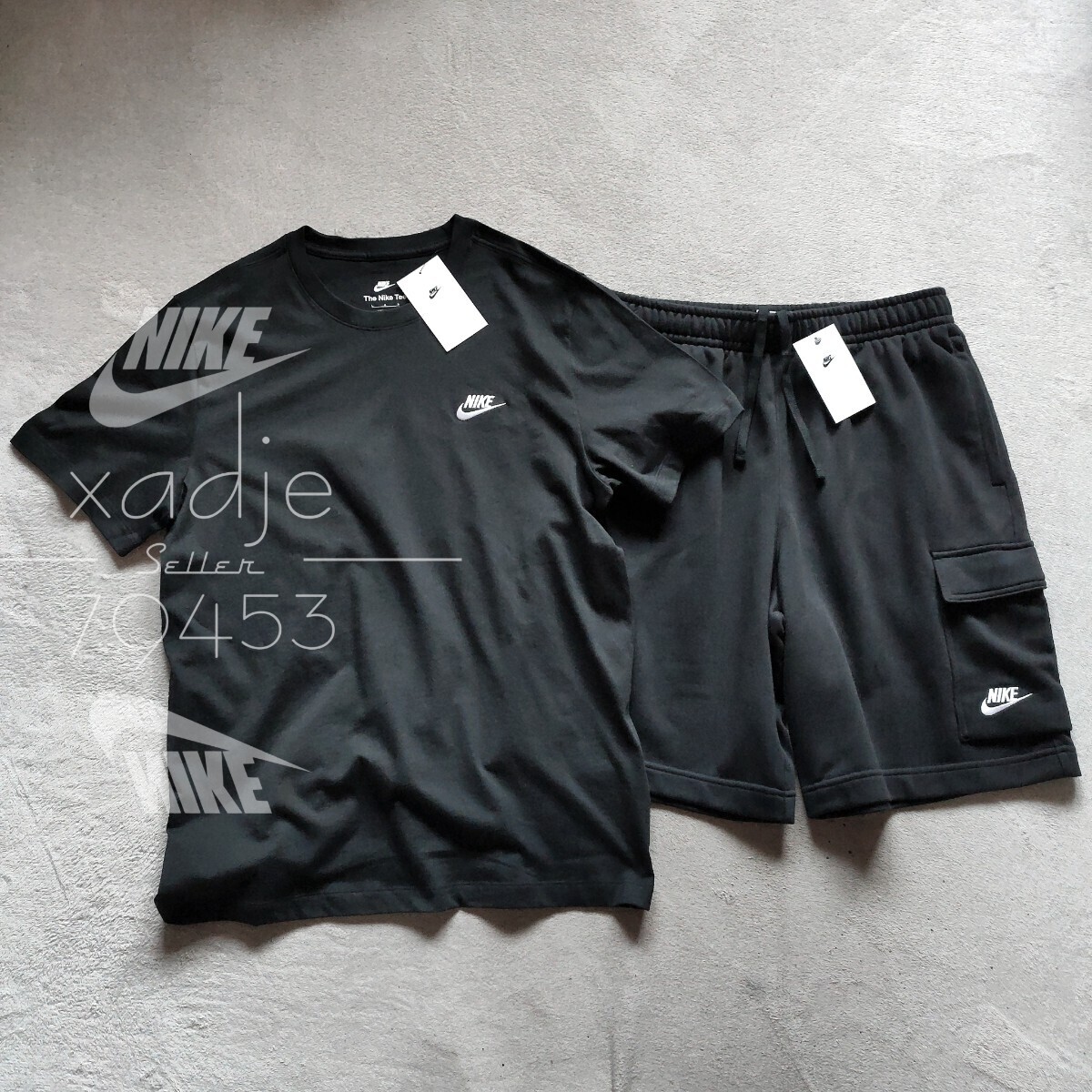 新品 正規品 NIKE 2点セット ナイキ Tシャツ スウェット カーゴパンツ ハーフパンツ セットアップ 黒 ブラック ロゴ 刺繍 定価10340円 XL拍卖