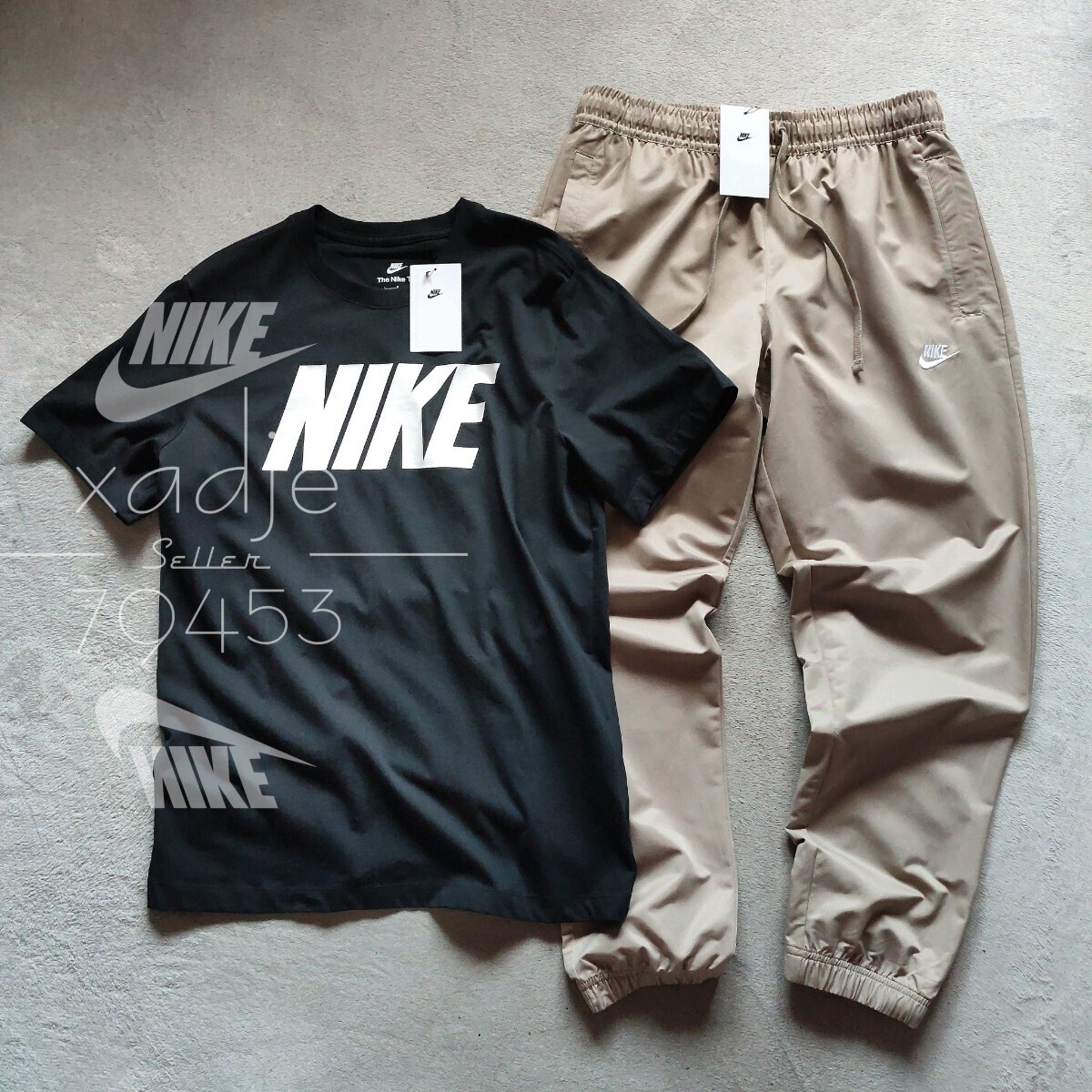 新品 正規品 NIKE 2点セット ナイキ プリント Tシャツ ウーブン テーパード パンツ 上下セット 黒 ブラック ベージュ 定価14190円 L拍卖