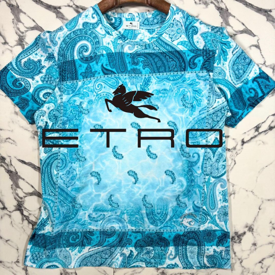 美品/ペイズリー柄●エトロ ETRO 半袖 Tシャツ 総柄 ティファニー ブルー 水色青 コットン メンズ 春夏 切替 イタリア製 SM位 やや薄手拍卖