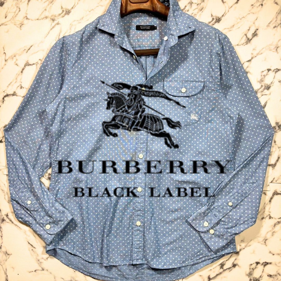 美品/ドット柄/3(L)●BURBERRY BLACK LABEL 長袖 シャツ バーバリー ブラックレーベル メンズ ブルー 青 白 ホースロゴ刺繍 刺繍 薄手拍卖