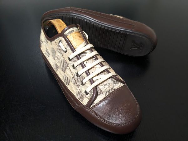 使用少 ヴィトン 7.5 LOUIS VUITTON ♯BA1027 ダミエ ローカットコンビレザー 濃茶×白 スニーカー 2166拍卖