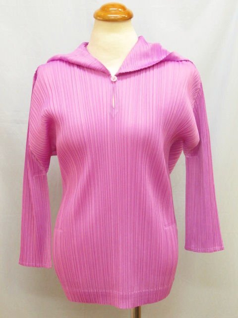 PLEATS PLEASE プリーツプリーズ 超美品 フード付き 七分袖 カットソー パーカー トップス 3 ピンク~赤紫系★宅配便S★q222拍卖