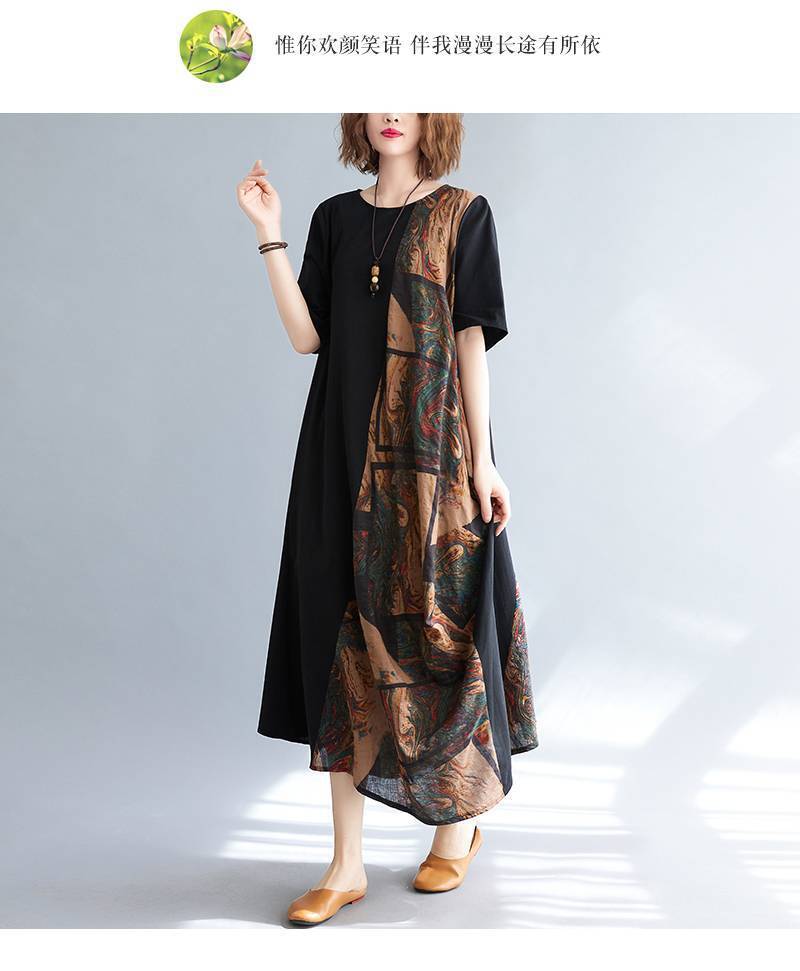 さらっと夏素材★新品★大きいサイズ★半袖ロング丈ワンピ切り替えアジアン柄がとってもおしゃれ拍卖