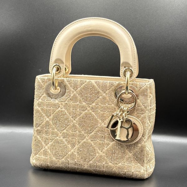0387■1円 美品 CHRISTIAN DIOR クリスチャンディオール レディディオールミニ ビーズ ハンドバッグ カナージュ ゴールド ベージュ 豪華拍卖